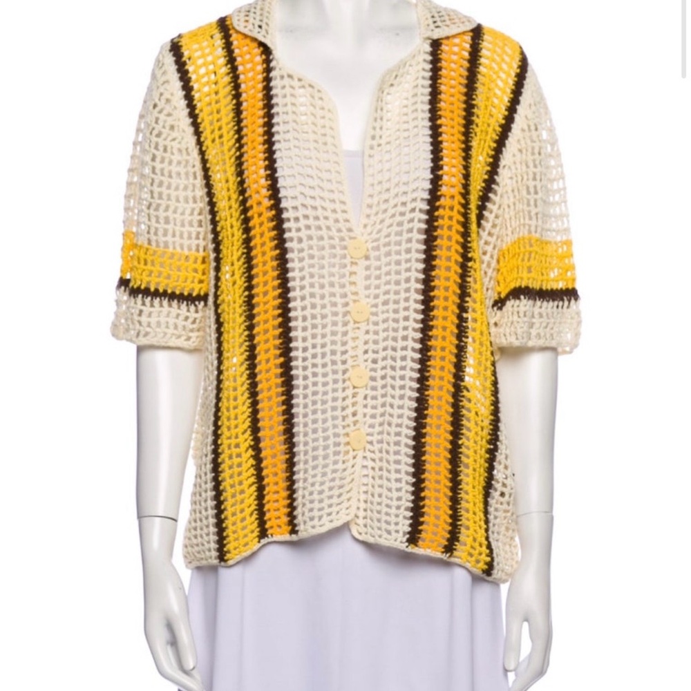 Open-Knit Button Front Cardigan in Cream and Yellow